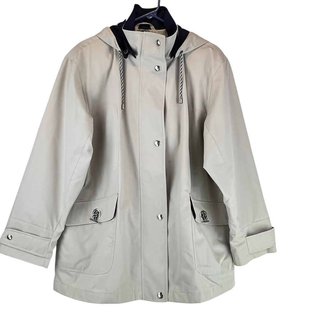 Mackintosh New England Hooded Rain Jacket Nautical Beige Navy Sz L - Picture 2 of 14